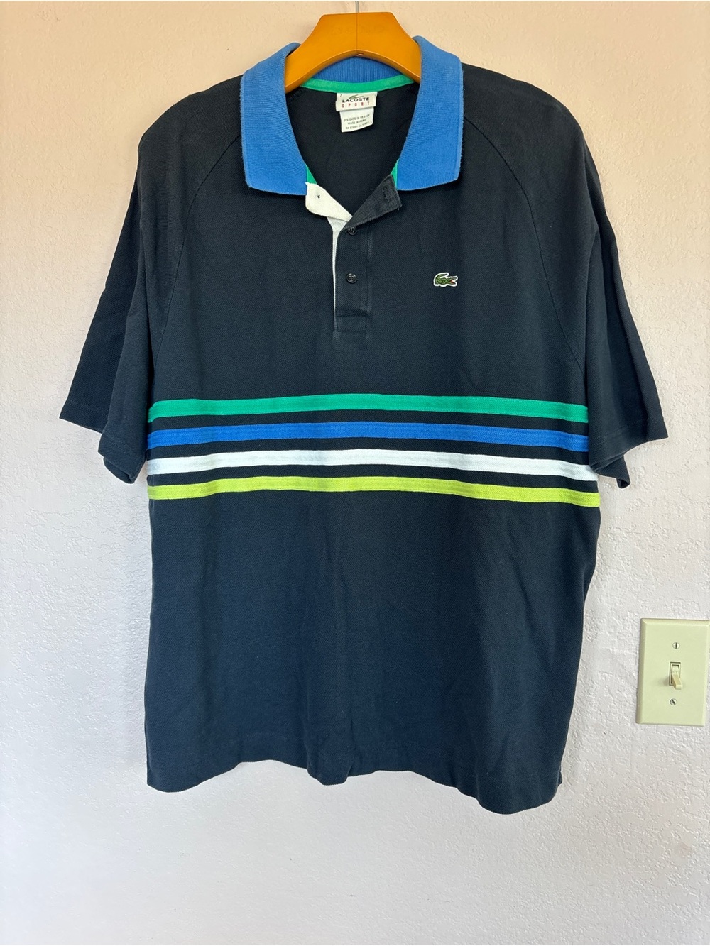 Lacoste dark blue Polo with Blue Collar and Green/Blue Stripe Accents size 7